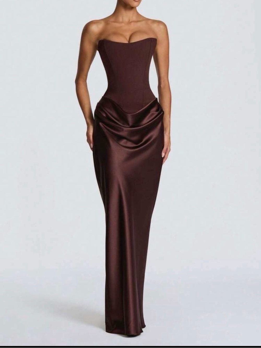 Strapless Satin Evening Gown in Deep Brown Corset Back XL